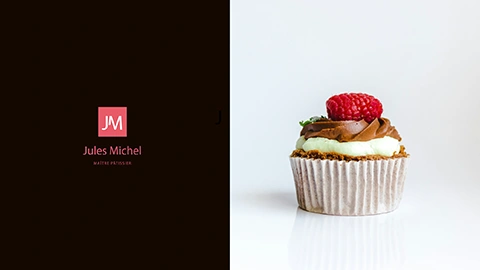 Hero banner du site internet d'un Maître patissier, un joli petit gâteau à coté de son identité visuelle