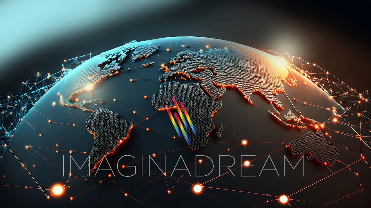 vue de la planète en 3D avec des points de connexions et ramifications lumineux sous le logo Imaginadream