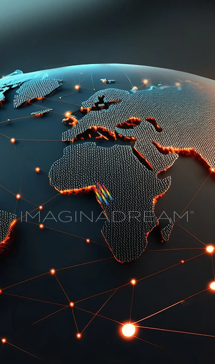 vue de la planète en 3D avec des points de connexions et ramifications lumineux sous le logo Imaginadream