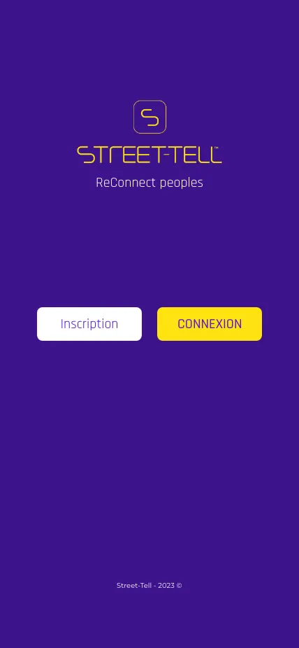Visuel issu de l'application Street-tell : Page Connexion / inscription
