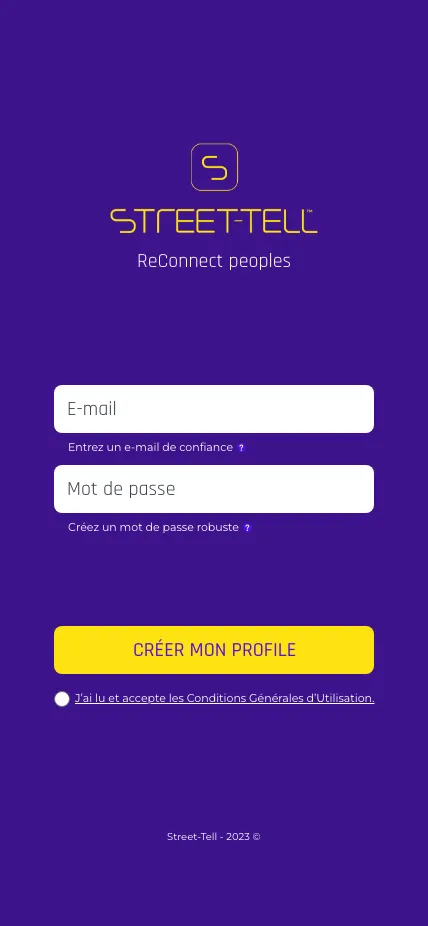 Visuel issu de l'application Street-tell : Page création de profile