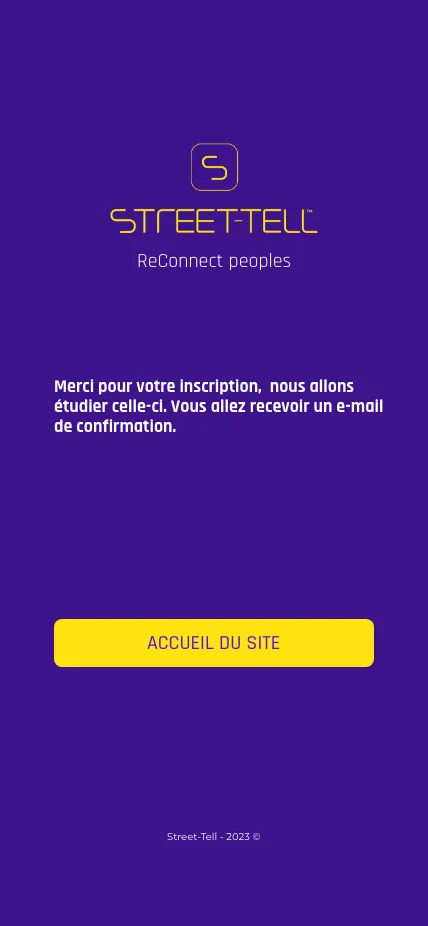 Visuel issu de l'application Street-tell : Page remerciements d'inscription